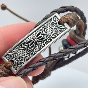 Vintage 90s Butterfly Engraved Silver Tone Plate Brown Braided Leather Bracelet